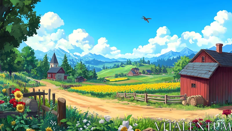 Sunlit country valley where red barns meet mountain skies.