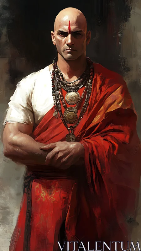 Bald monk in red robes with prayer beads, painted portrait.