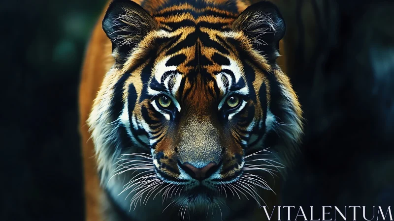 Tiger frontal portrait shows focused gaze and dense fur detail