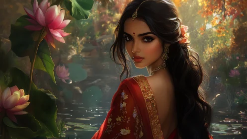 Lotus-lit gaze of a river muse wrapped in scarlet silk.