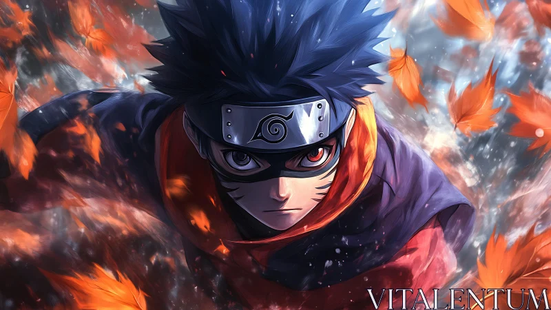 Dynamic anime ninja portrait with autumn leaf motion blur