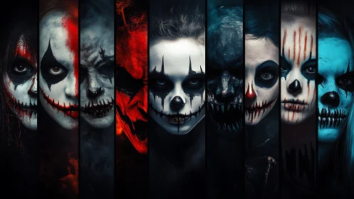 Strip-composited horror portraits show stylized clown skull makeup