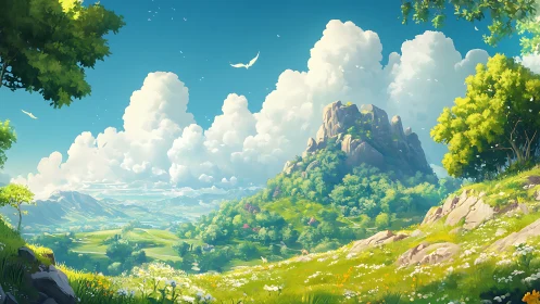 Sunlit mountain meadow unfolds under towering cumulus clouds