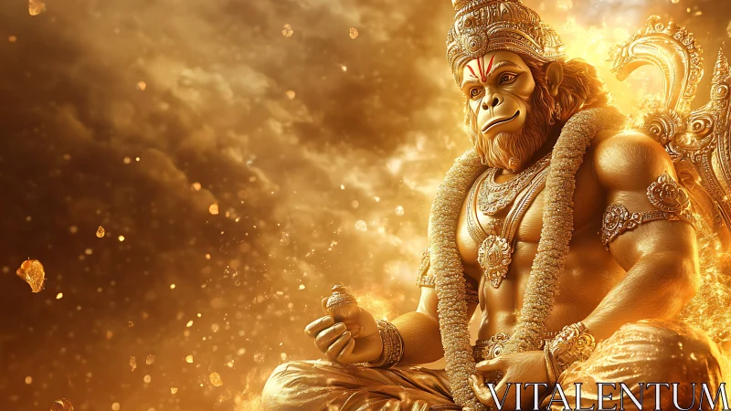 Golden simian deity figure seated in luminous cloud field.