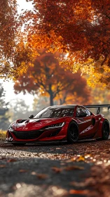 Scarlet track beast idling beneath blazing autumn crowns.