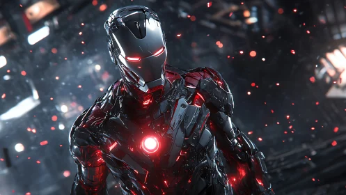 Chrome-clad cyber guardian burns crimson in drifting embers