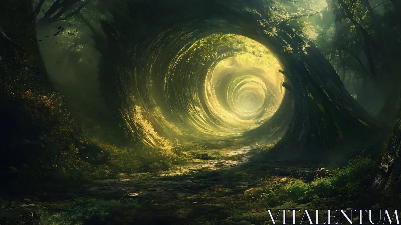 Luminous spiral passage through ancient forest. Portal.