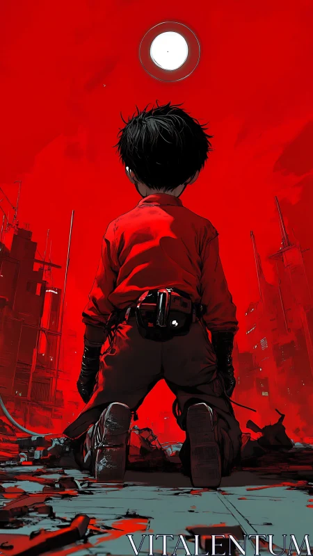 Kneeling figure studies red dystopian city under void moon.