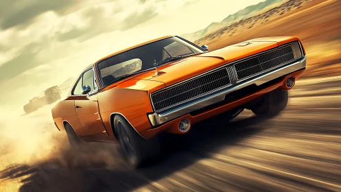 Digital muscle car drift in cinematic desert perspective.