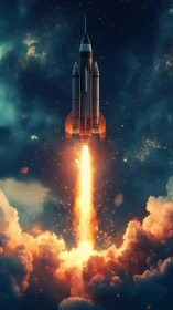 Starlit rocket ascends through blazing clouds of cosmic fire.