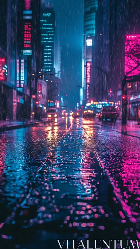 Rainy neon city street glowing with cozy late night light.
