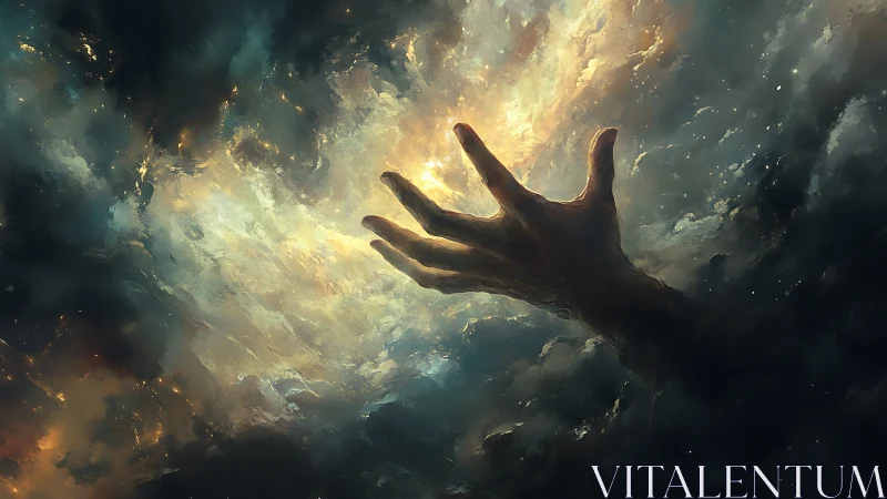 Celestial hand emerging through stormlit nebula clouds.
