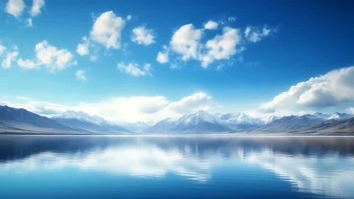 Snowcapped mountain range mirrors over tranquil blue lake.