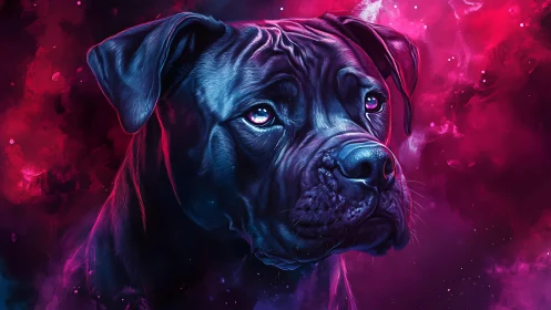 Galactic-eyed dog drifts through neon cosmic twilight.