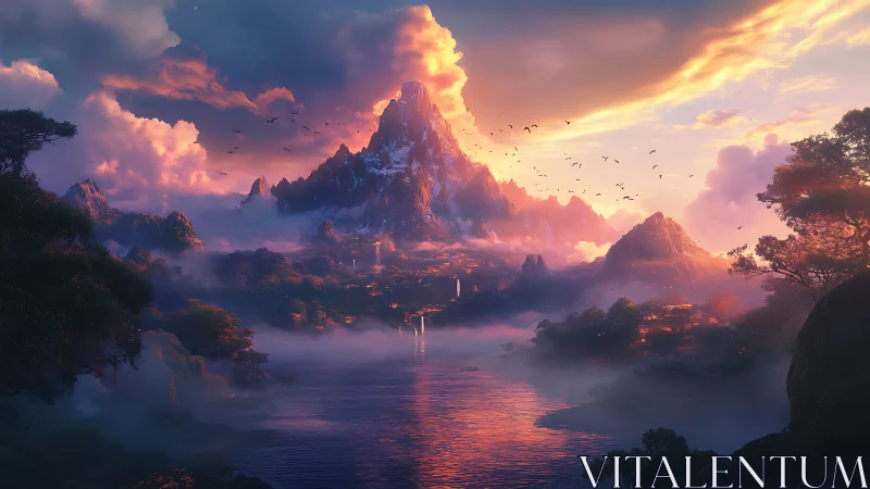 Sunrise paints a mythic mountain kingdom in drifting gold mist