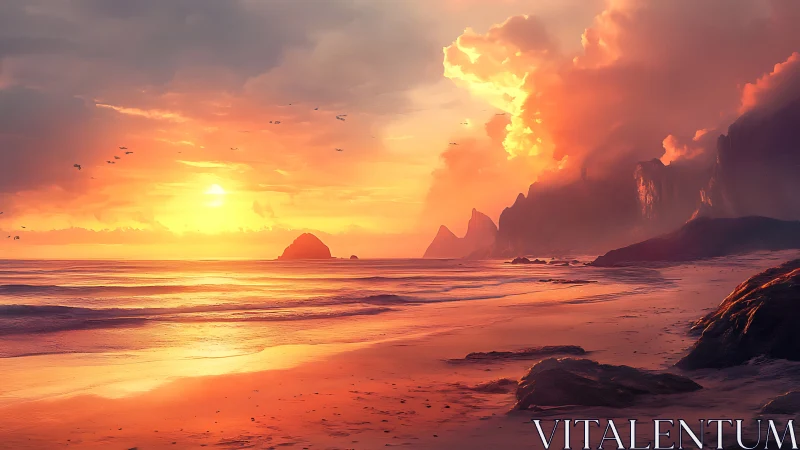 Radiant coastal sunset with stratified clouds and wet shoreline