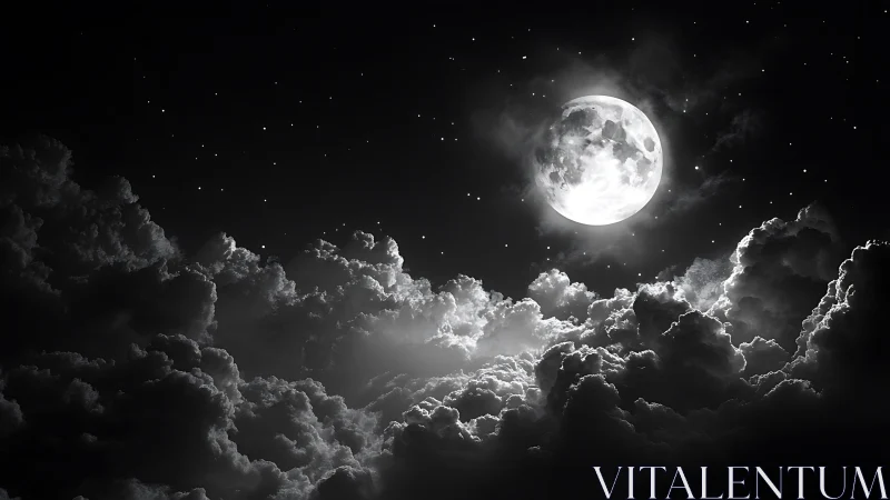 High-contrast moonlit cumulonimbus rendered in monochrome realism
