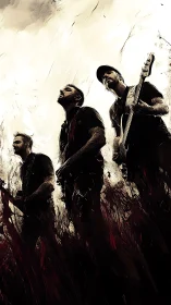 Storm-lit rock trio rise from crimson-painted shadows.