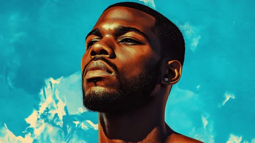 Digital portrait of man against vivid turquoise sky.