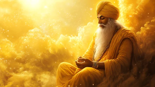 Golden robed sage meditating in radiant celestial light.