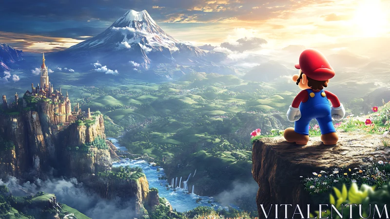 Iconic platform hero surveys expansive, sunlit fantasy valley