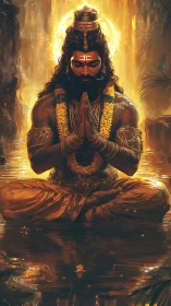 Golden river yogi folds firelit silence into deep prayer