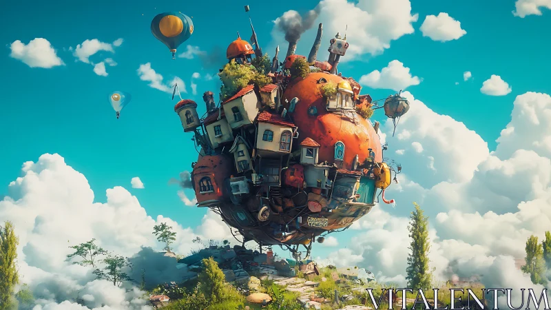 Floating village sphere drifts above meadow under bright clouds