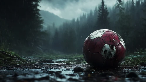 Weathered red football on muddy forest trail in rain.