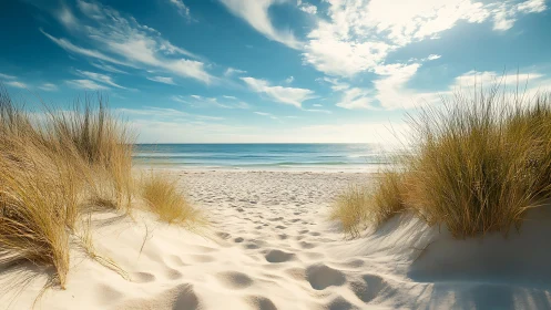 Sunlit sandy path opens between dunes toward calm sea