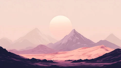 Pastel alien mountains under oversized rising sunscape.