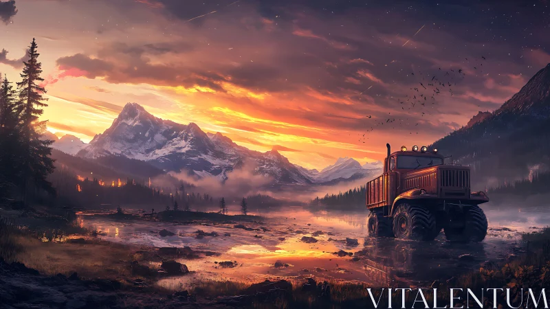 Rugged red truck rests quietly beneath a blazing mountain sky