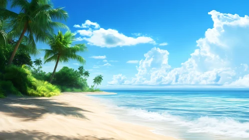 Tropical Coastal Paradise: Digital Rendering of Sandy Beach with Palm Trees