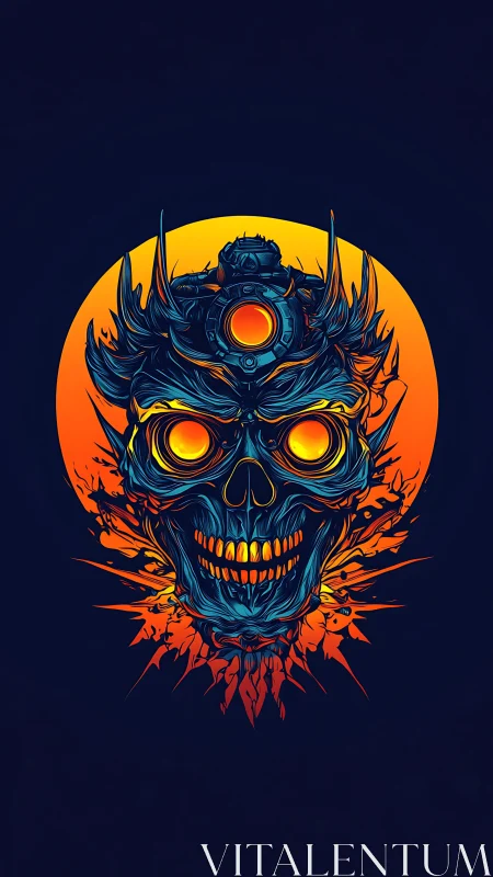 Neon inferno skull crowned by cyber core in blazing eclipse.