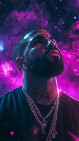 Neon crowned portrait in electric magenta cosmic haze.