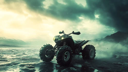 Quad bike on icy terrain under dense storm clouds.