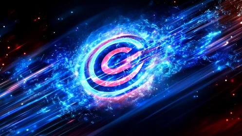 Circular copyright symbol is rendered within dynamic blue light