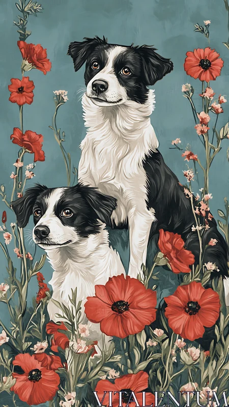 Two border collies pose tenderly amid bright red poppies