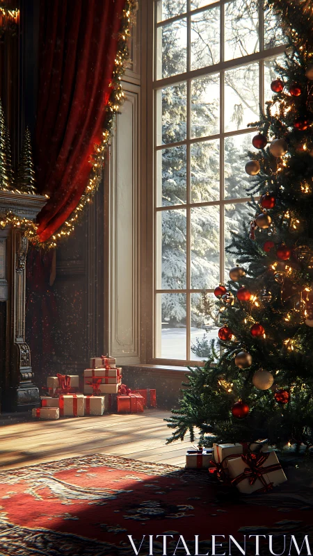 Sunlit Christmas tree glows beside snowy window view.