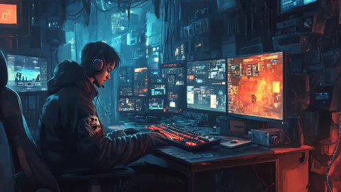 Midnight coder explores a neon-lit cyber control hub