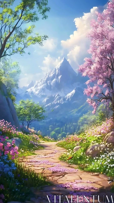 Mountain path through blooming spring valley landscape.