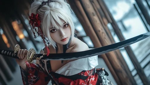 White haired swordswoman in red kimono grips katana outdoors.
