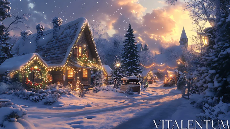 Snowy cottage glows with gentle holiday warmth at dusk