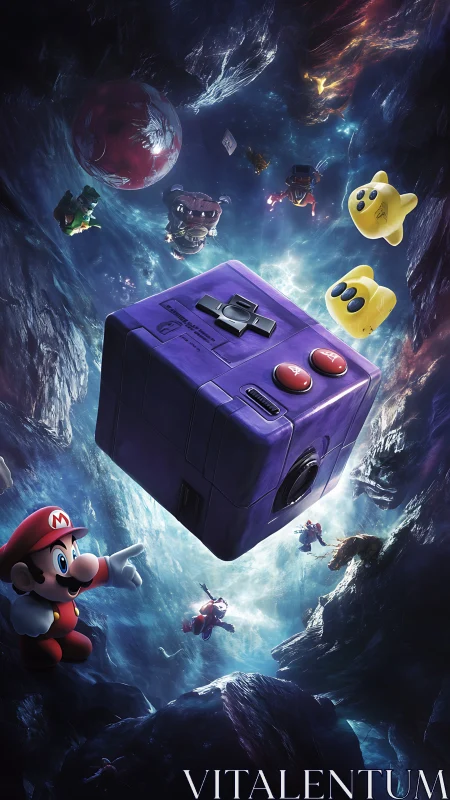 Vibrant Mario cosmos with floating cube game console.