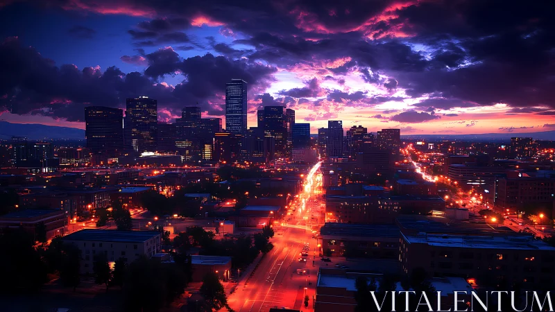 City skyline at dusk with vivid street lights and clouds.