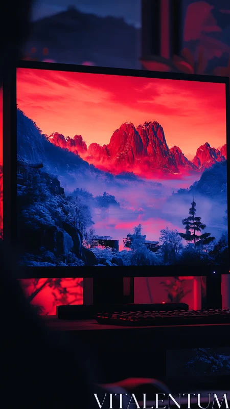 Ultrawide monitor displays neon red mountainscape scene.