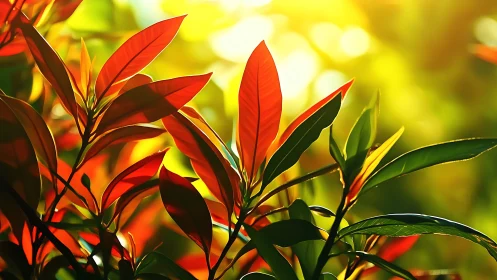 Sunlit Tropical Leaves with Vivid Red and Green Colors, Nature Art.