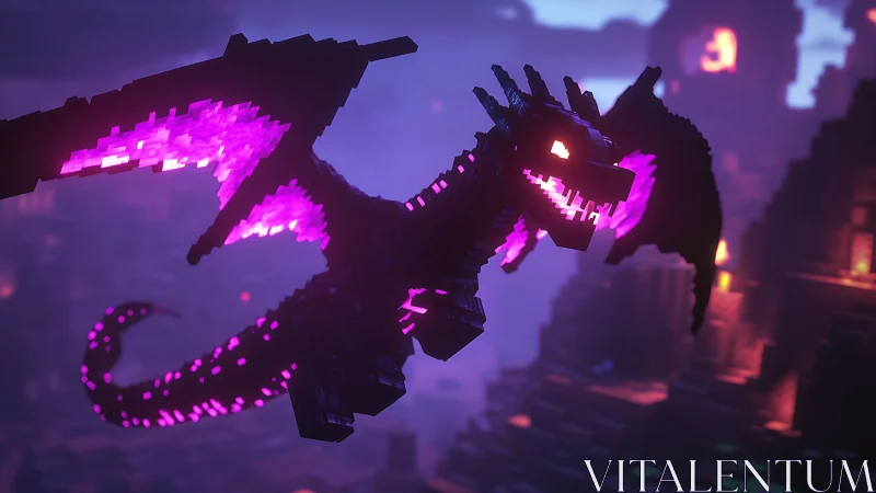 Glowing pixel dragon soars through a moody neon night sky.