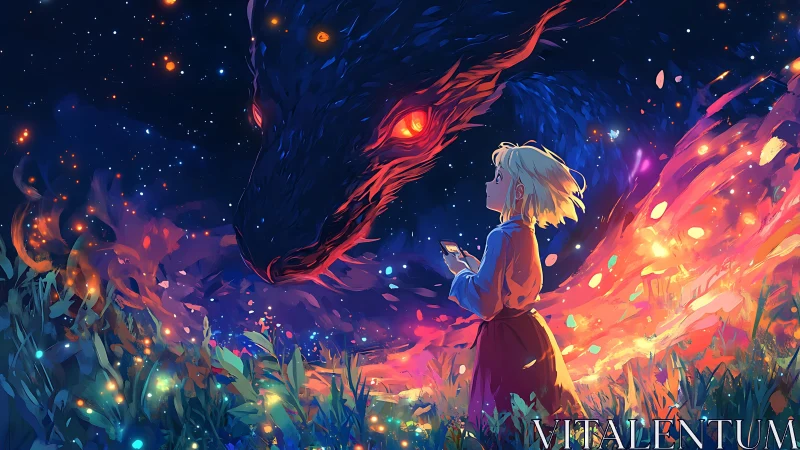 Girl meets cosmic dragon amid glowing night embers.