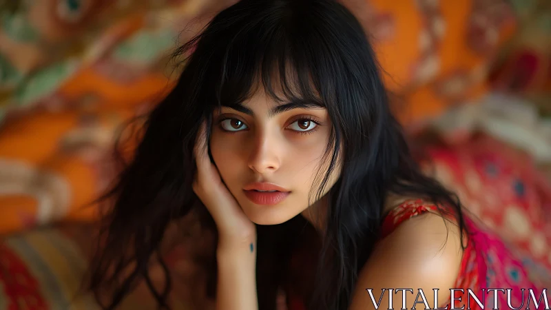 Velvet-gazed muse resting in a swirl of bohemian color.