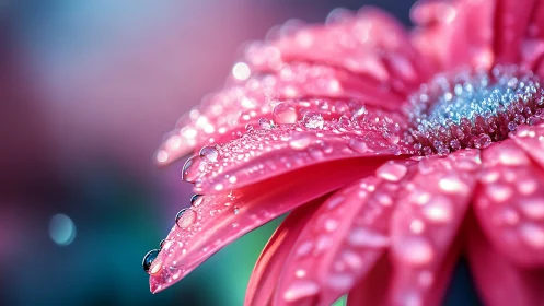 Macro study of pink daisy petals with dewdrops and bokeh highlights.